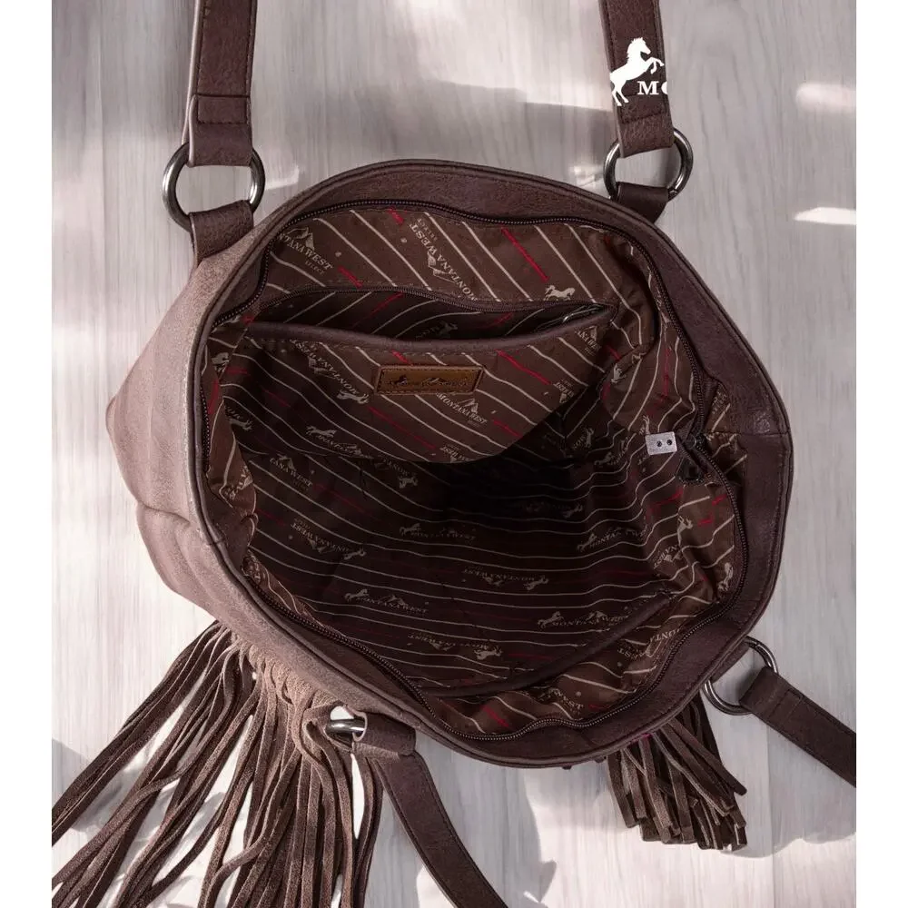 NWT—Montana West Brown Fringe Tote with Multicolor Embroidered Feathers